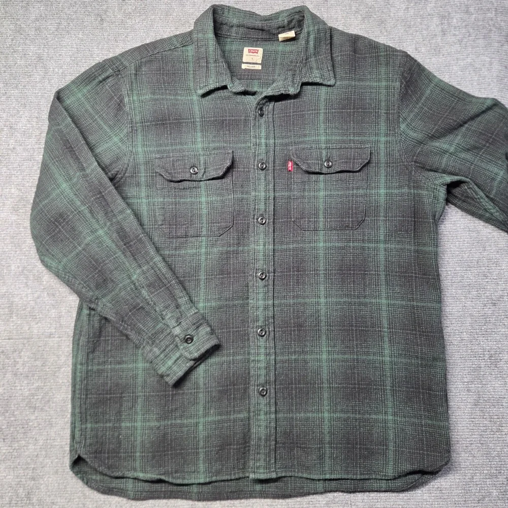 Levis Relaxed Fit Flannel Shirt Mens Large Green Black Plaid Long Sleeve 19587
